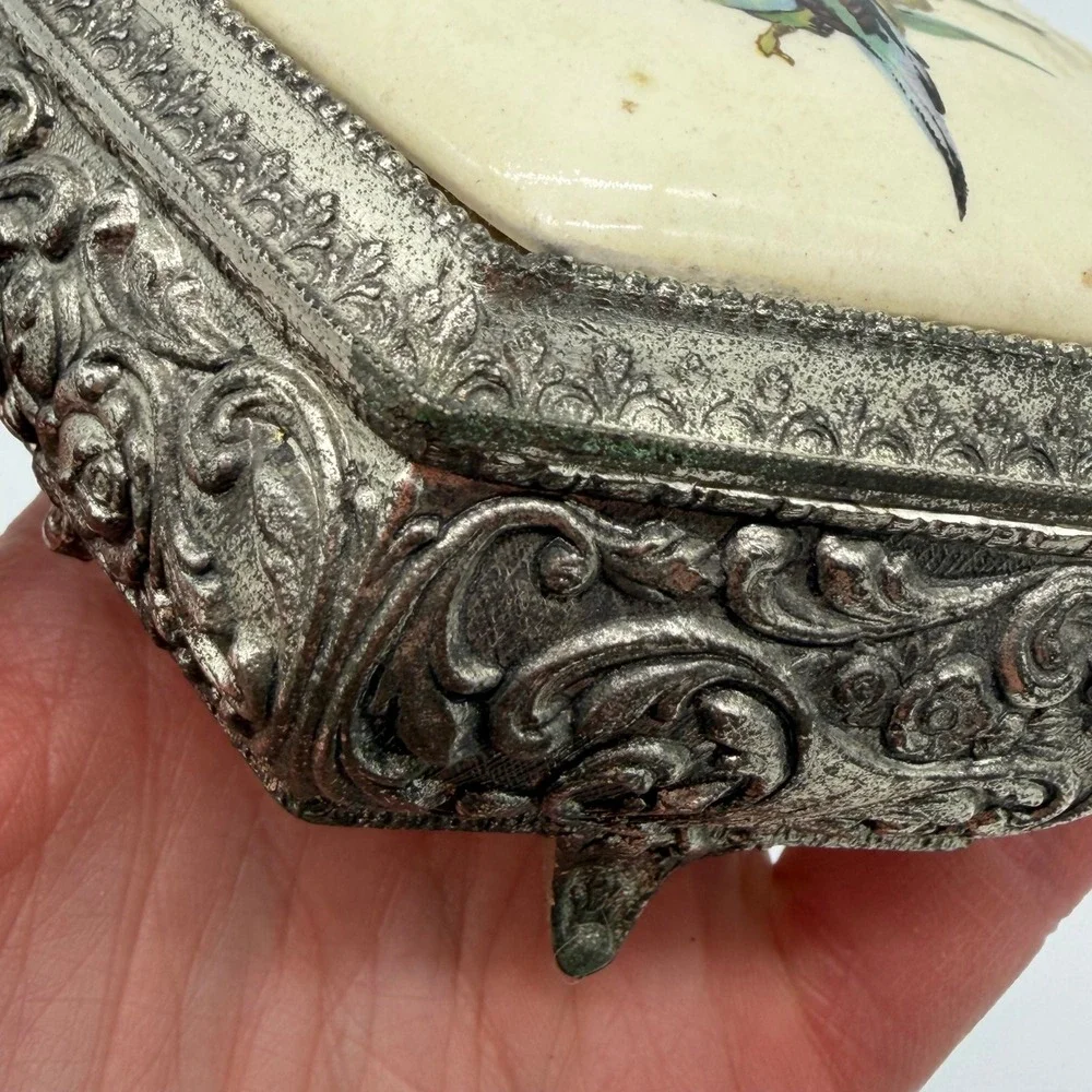 Vintage Mele Macaw‎ Japan Jewelry Box Hexagon Bird Porcelain Lid Trinket Box